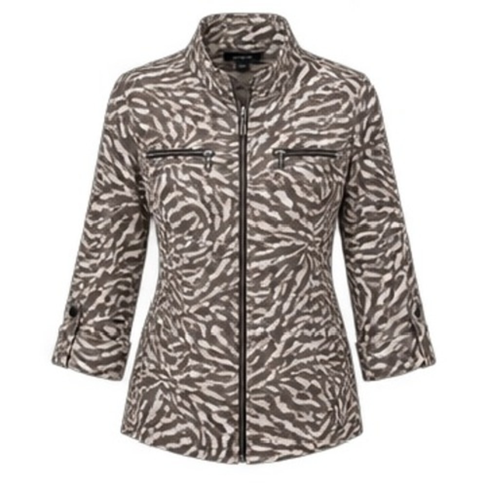 Tribal Zebra Animal Print Utility Jacket Grey White Full Zip 3/4 Sleeve Size 8